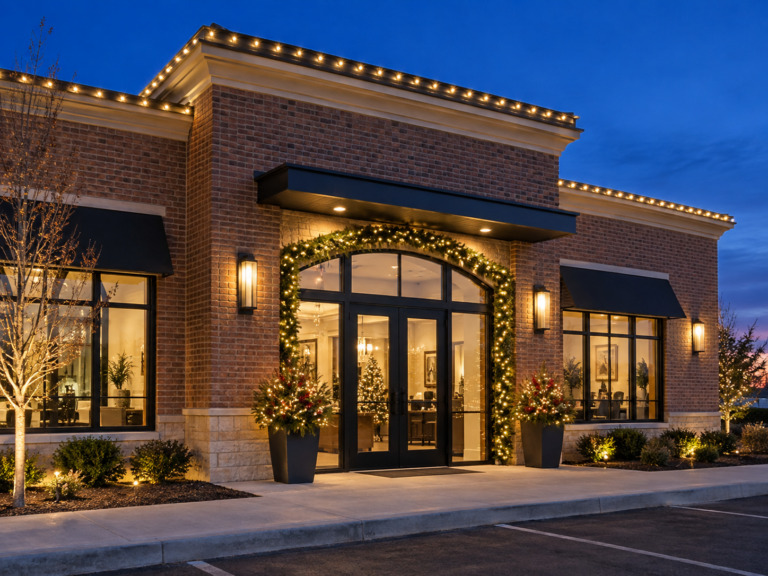 Illustrative brick storefront with warm-white Christmas roofline lights and entrance garland